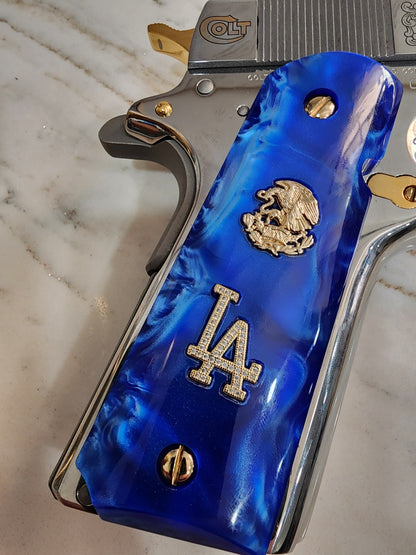 1911 Grips Royal Swirl Blue Pearl with LA Emblem & Mexican Eagle (24k Gold Screws)