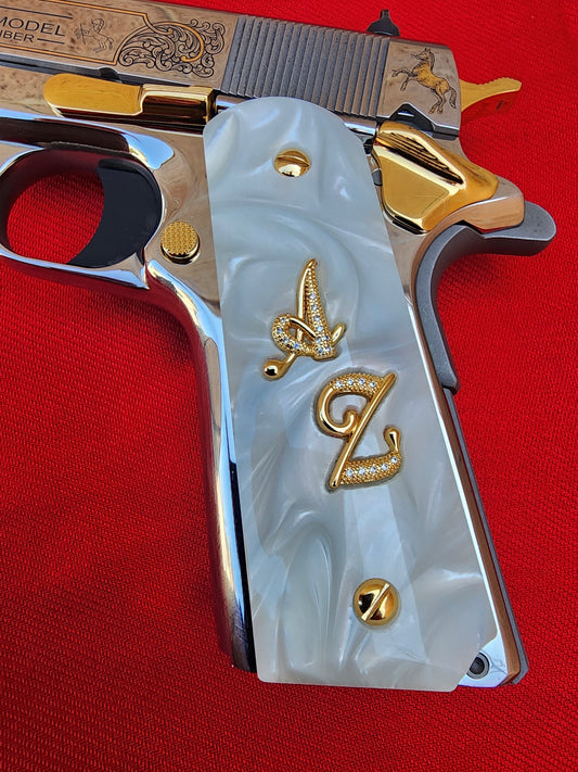 1911 White Pearl Grips Gold “A”  “Z” Inlays with 24K Gold Plated Screws
