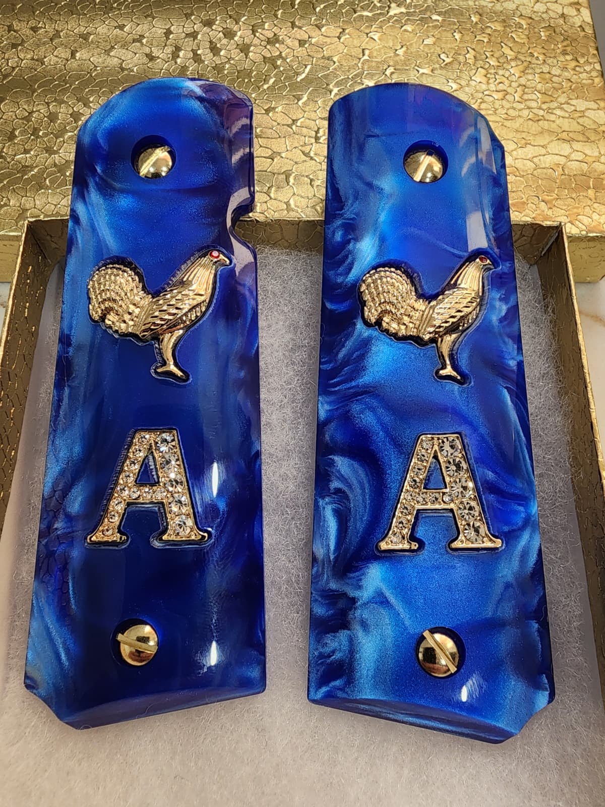 1911 Royal Blue Swirl Pearl Grips Horse  “A” Letter Inlay with CZ Stones 24K Gold Plated Horse