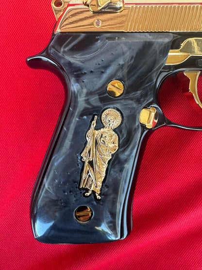 Beretta Black Pearl Custom San Judas Grips 24k gold plated  92 Fs 96 Fs M9