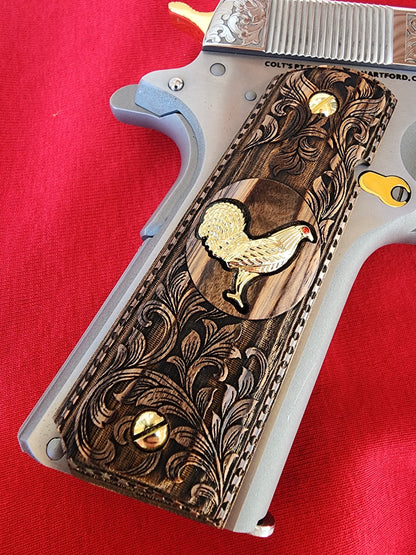 Custom 1911 Full Size Walnut Wood Grips – Scroll Engraving with Gold Plated 24k Rooster Inlay  – Government & Commander Compatible