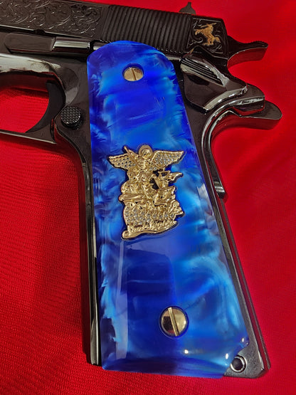 1911 Royal Blue Swirl Pearlite Grips Saint Michael Gold Plated with CZ stones – Government Model Full Size
