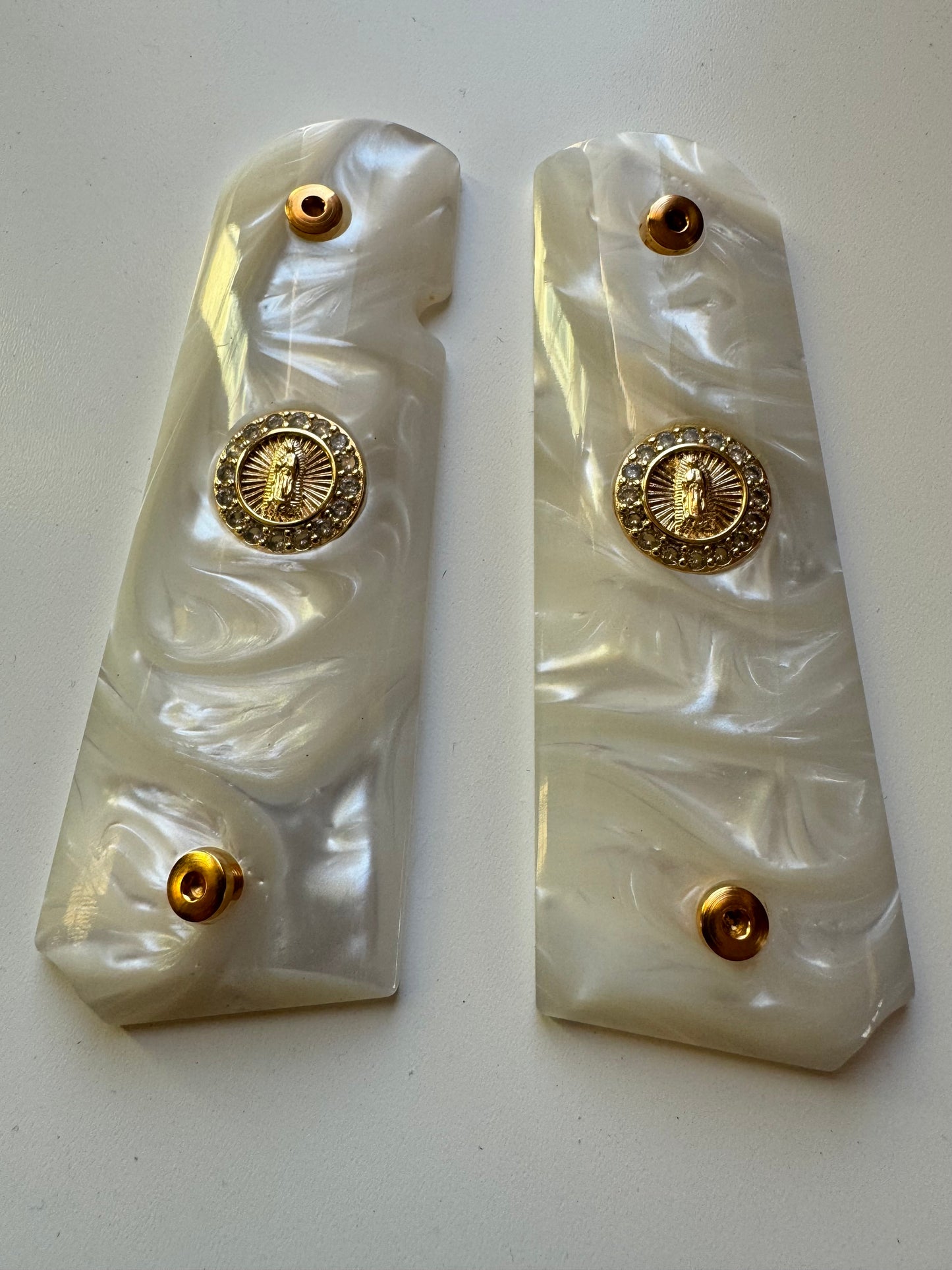 1911 Virgin Mary Medallion Inlayed CZ stones Grips White Pearl Grips