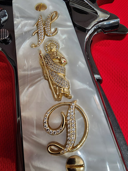 1911 White Pearlite San Judas Gold Plated & “H” “D” Intials Stones Grips – .45 ACP / .38 Super (Gold Plated Screws)