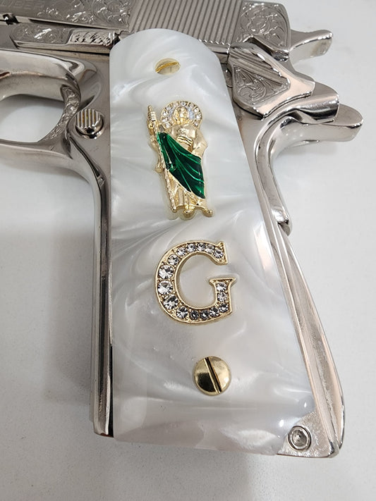1911 White Pearlite San Judas Gold Plated & Crystal “G” Grips – .45 ACP / .38 Super (Gold Plated Screws)