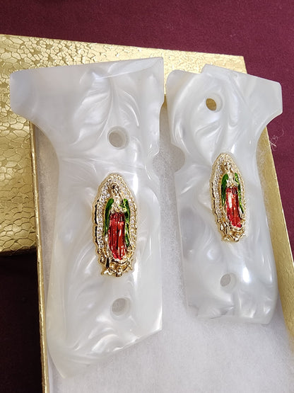 Beretta engraved Virgin De Guadalupe CZ-style crystal border 24k Gold Plated Inlayed Grips  White Pearl Grips 92 Fs 96 Fs M9
