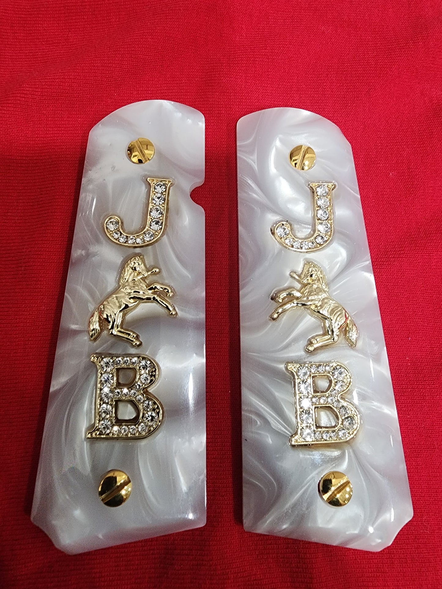 1911 White Pearlite Grips Gold plated “J” Horse “B” Inlays with 24K Gold Plated Screws