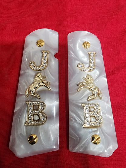 1911 White Pearlite Grips Gold plated “J” Horse “B” Inlays with 24K Gold Plated Screws