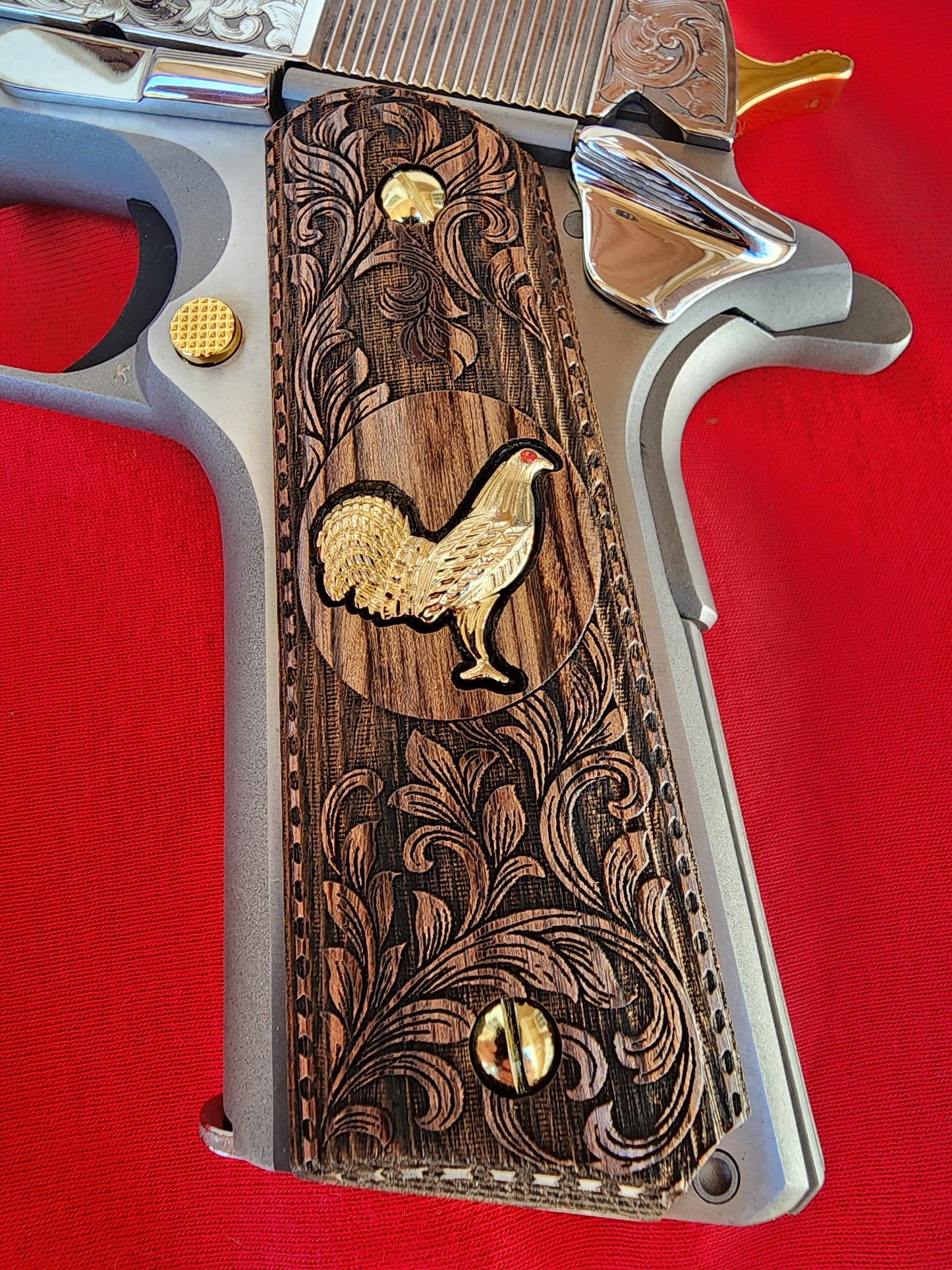Custom 1911 Full Size Walnut Wood Grips – Scroll Engraving with Gold Plated 24k Rooster Inlay  – Government & Commander Compatible