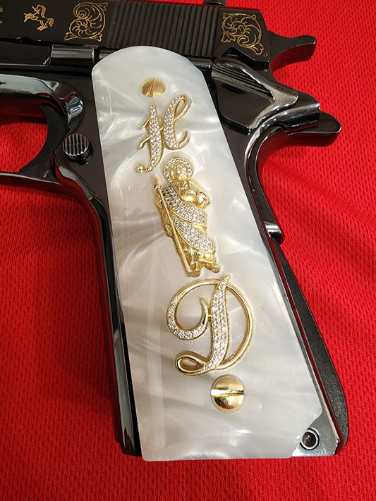 1911 White Pearlite San Judas Gold Plated & “H” “D” Intials Stones Grips – .45 ACP / .38 Super (Gold Plated Screws)