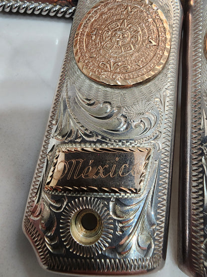 9.25 10kt gold inlay Silver Mexican Vintage Engraved Pistol Grips COLT 38 super/45