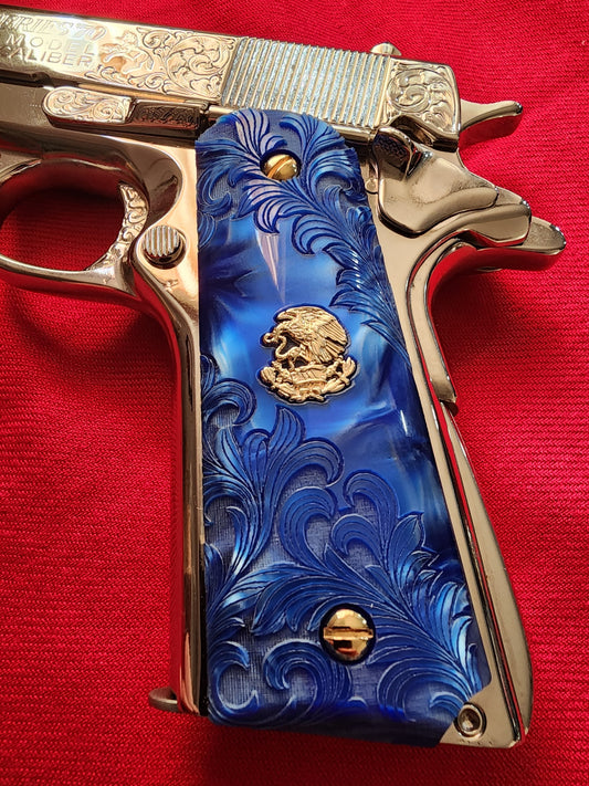 1911 Grips Engraved Royal Swirl Blue Pearl with Mexican Eagle (24k Gold Screws)