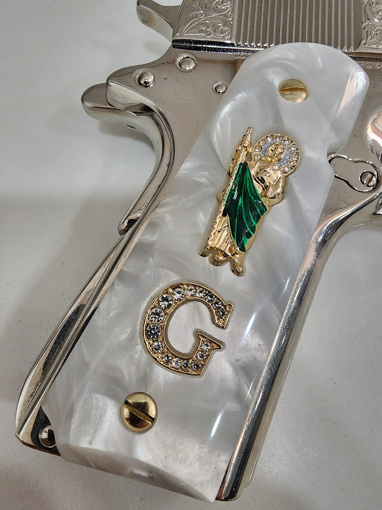 1911 White Pearlite San Judas Gold Plated & Crystal “G” Grips – .45 ACP / .38 Super (Gold Plated Screws)