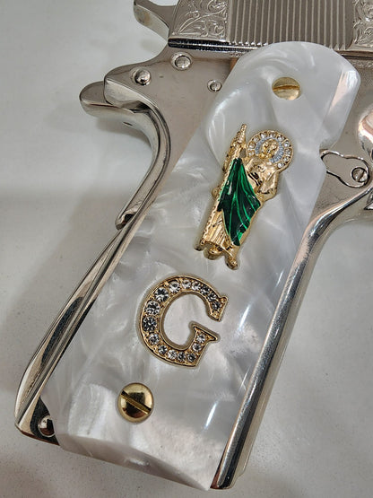 1911 White Pearlite San Judas Gold Plated & Crystal “G” Grips – .45 ACP / .38 Super (Gold Plated Screws)