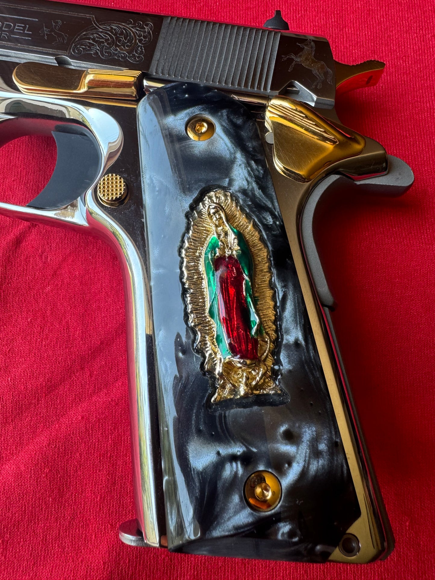 1911 Virgin De Guadalupe 24k Gold Plated Inlayed Grips Black Pearl Grips