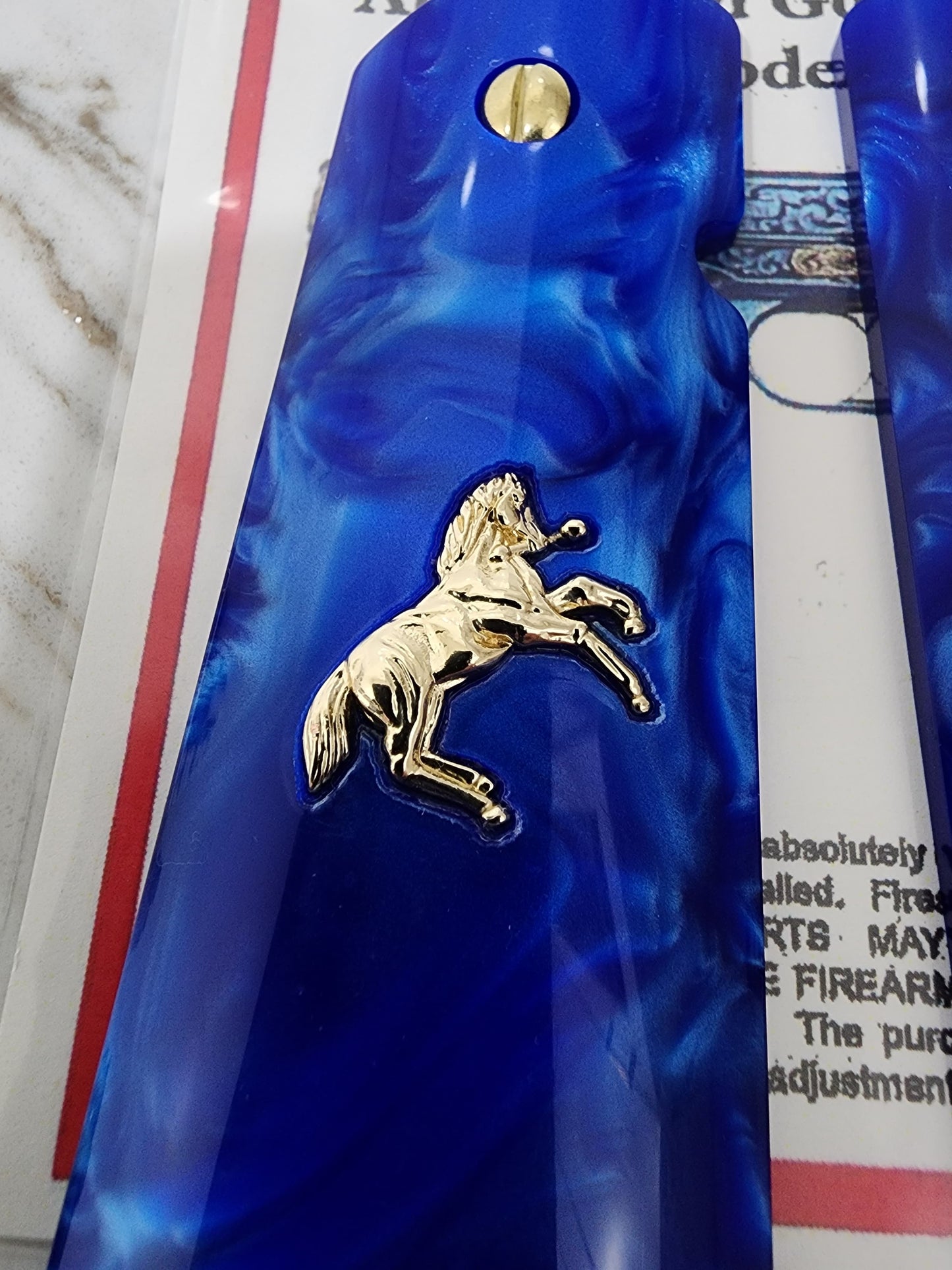 1911 Grips – Royal Swirl Blue Pearl with Rampart Horse Emblem (24k Gold Screws)