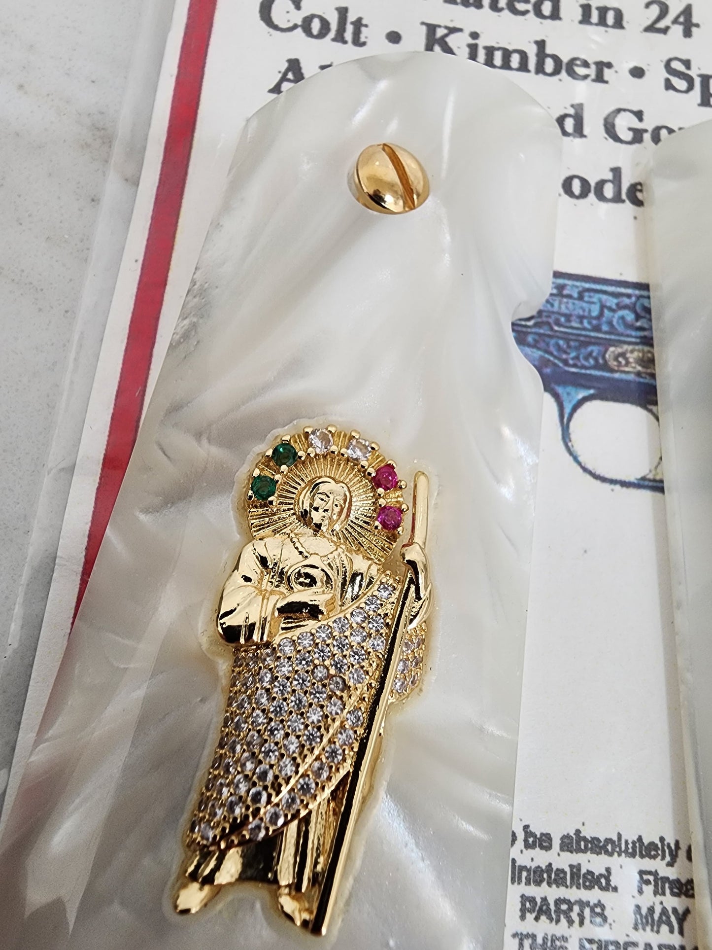 1911 San Judas Inlays with CZ Stones & 24K Gold Plated Screws l Pearlite Grips