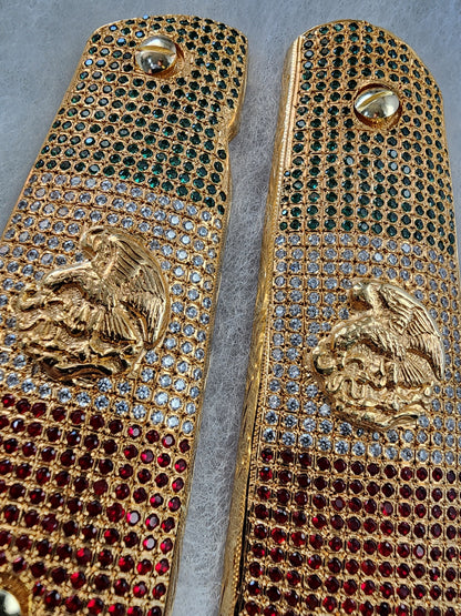 Mexican Flag 1911 Pistol Grips – CZ Stone   Inlay – Full-Size 1911