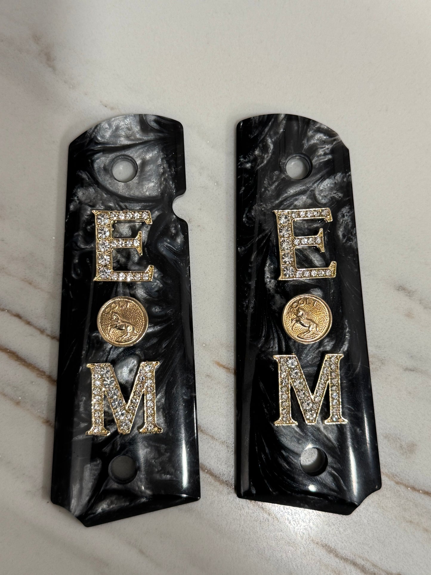 1911 Black Pearlite with Original Colt Medallion Crystal “E” “M” Grips –Custom 1911 Grips