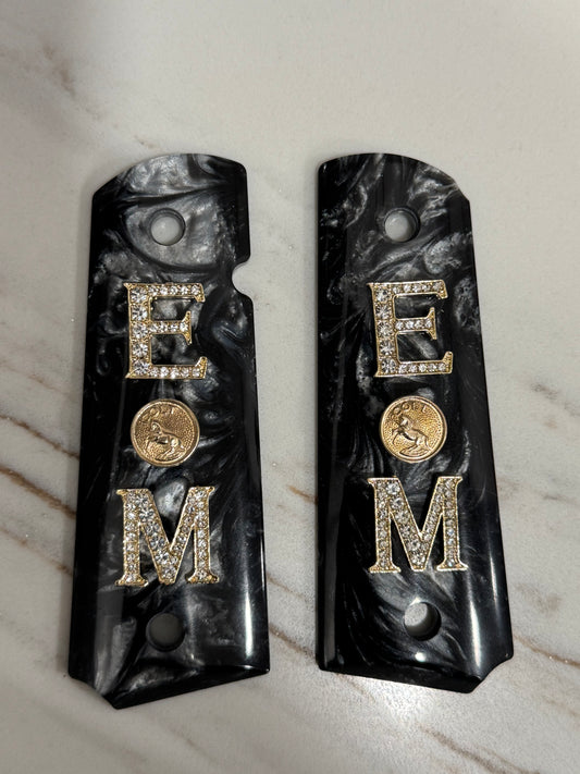 1911 Black Pearlite with Original Colt Medallion Crystal “E” “M” Grips –Custom 1911 Grips