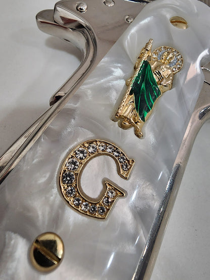1911 White Pearlite San Judas Gold Plated & Crystal “G” Grips – .45 ACP / .38 Super (Gold Plated Screws)