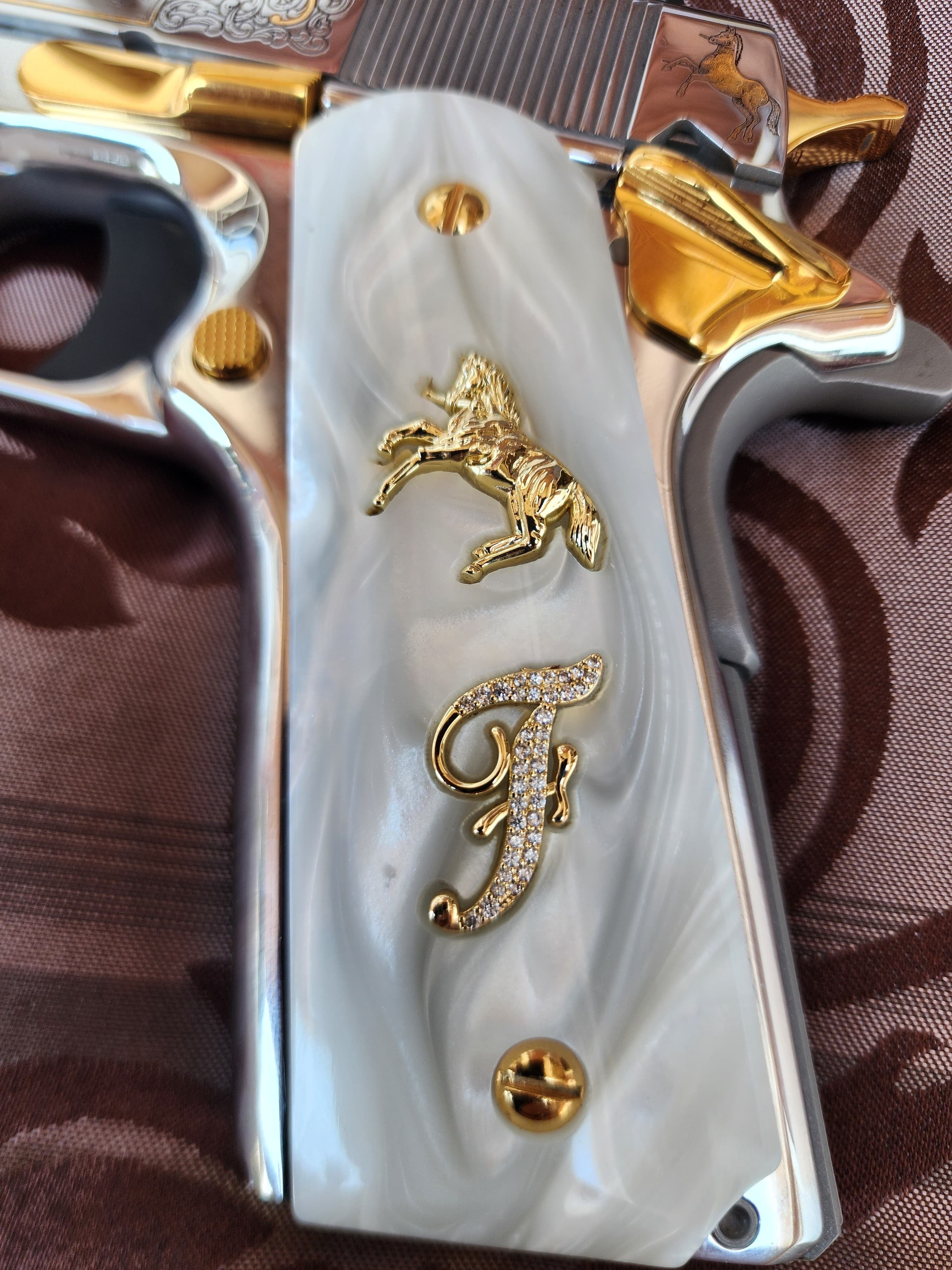 Revolver Grip Inlays 1911 White Pearl Grips Gold “F” Inlays with Horse Emblem & 24K Gold Pl ...