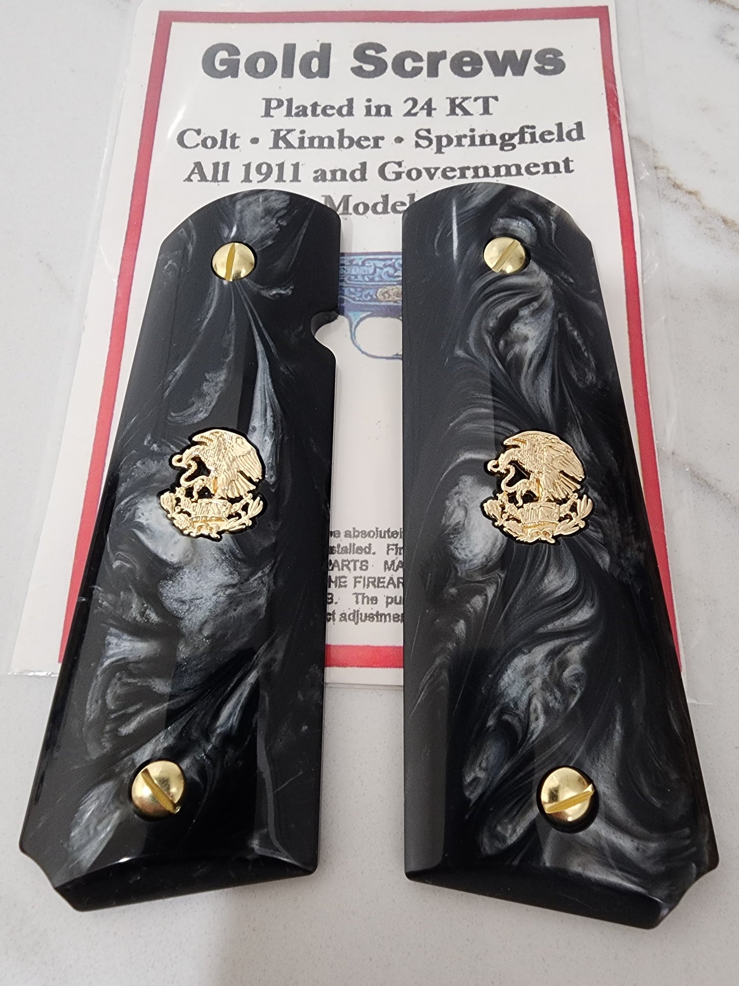 1911 Grips – Black Pearl with 24k Gold Plated Mexican Eagle Emblems (24k Gold Screws)