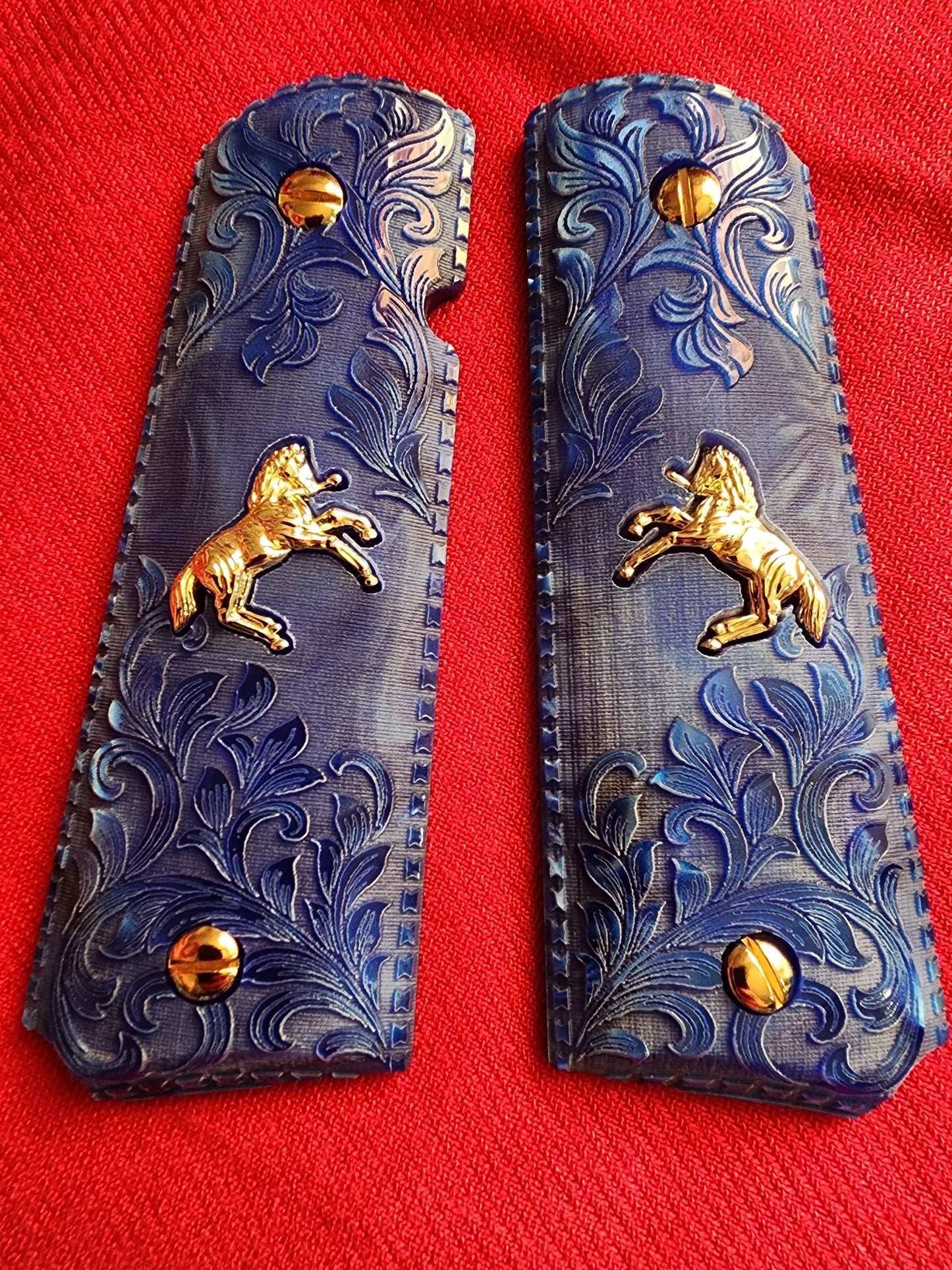 1911 Grips  Engraved Royal Swirl Blue Pearl with Rampart Horse Emblem (24k Gold Screws)