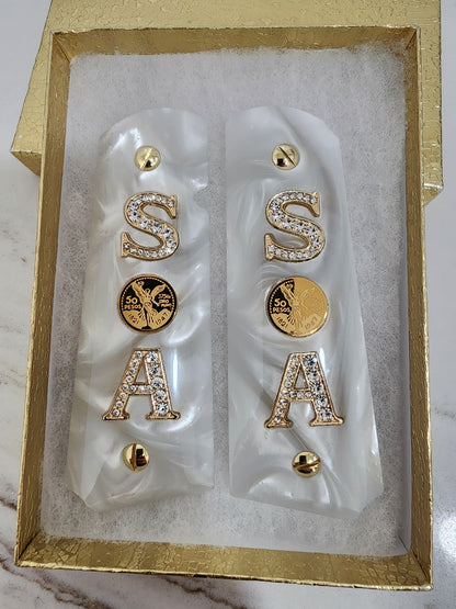 1911 “S” “Centenario” “A” 24k Gold Plated Inlayed CZ stones Grips Pearl