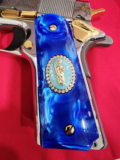 1911 Royal Blue Swirl Pearlite Grip – San Judas Gold Oval Plated with CZ stones border – Government Model