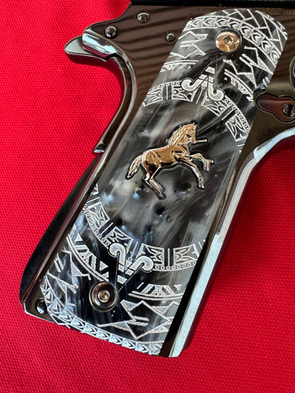 1911 Colt Gold Horse Plated Black Pearl Aztec Motif Engraved grips 45 38 super Rare
