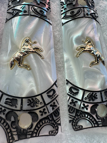 1911 Colt Gold Plated Horse Grips Pearlite with Aztec Motif Engraving (.45 ACP / .38 Super)