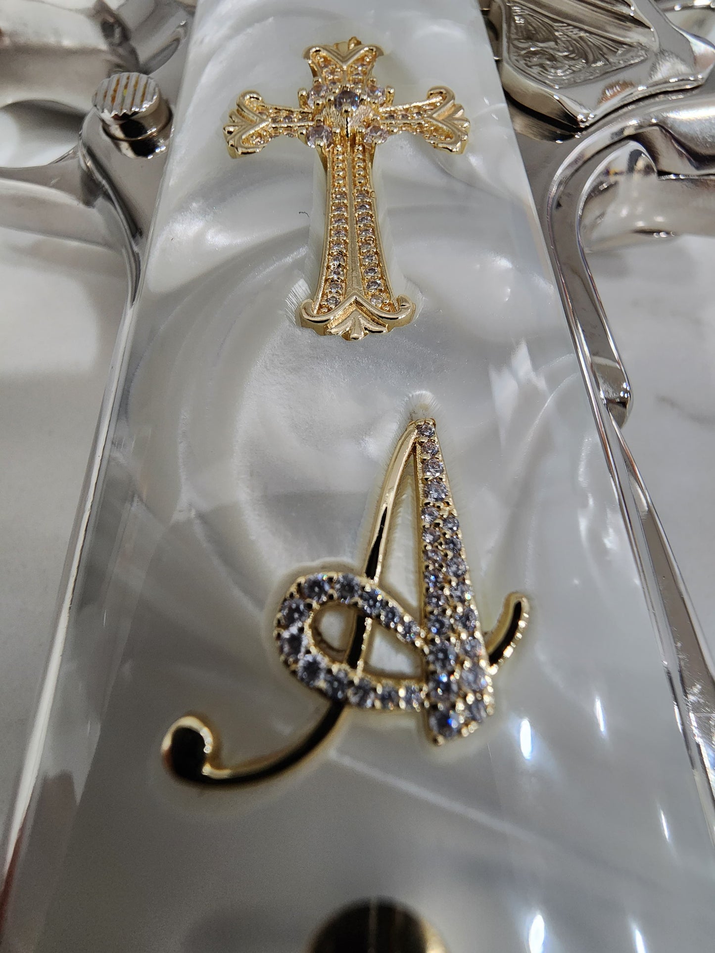 Custom 1911 White Pearlite Grips with Gold Plated Cross CZ & Crystal “A” Initial – Fits Full Size Government & Commander 1911 .45 ACP / .38 Super