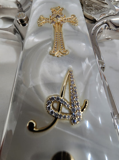 Custom 1911 White Pearlite Grips with Gold Plated Cross CZ & Crystal “A” Initial – Fits Full Size Government & Commander 1911 .45 ACP / .38 Super