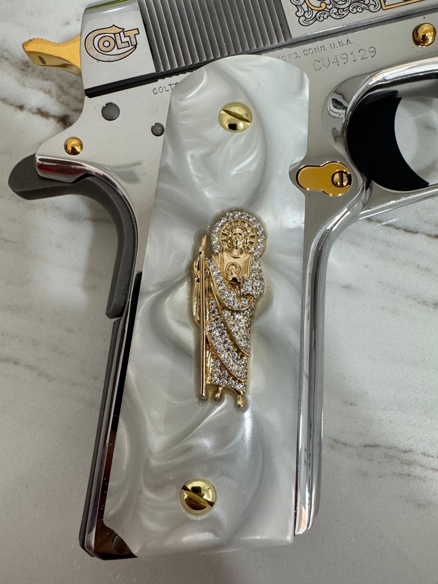 1911 Pearlite Grips San Judas White cz stone inlay 24k Gold Plated 45 acp 38 Super
