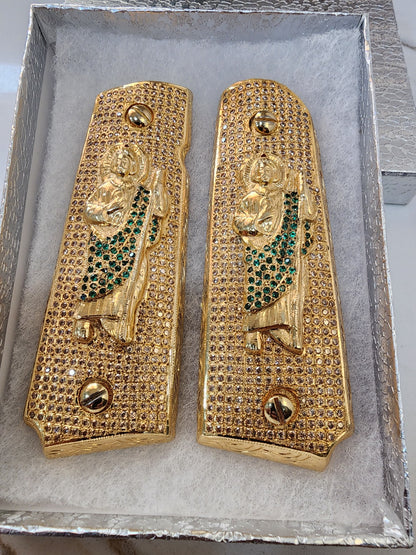 San Judas 1911 Pistol Grips –  Green CZ Stone Inlay – Full-Size 1911