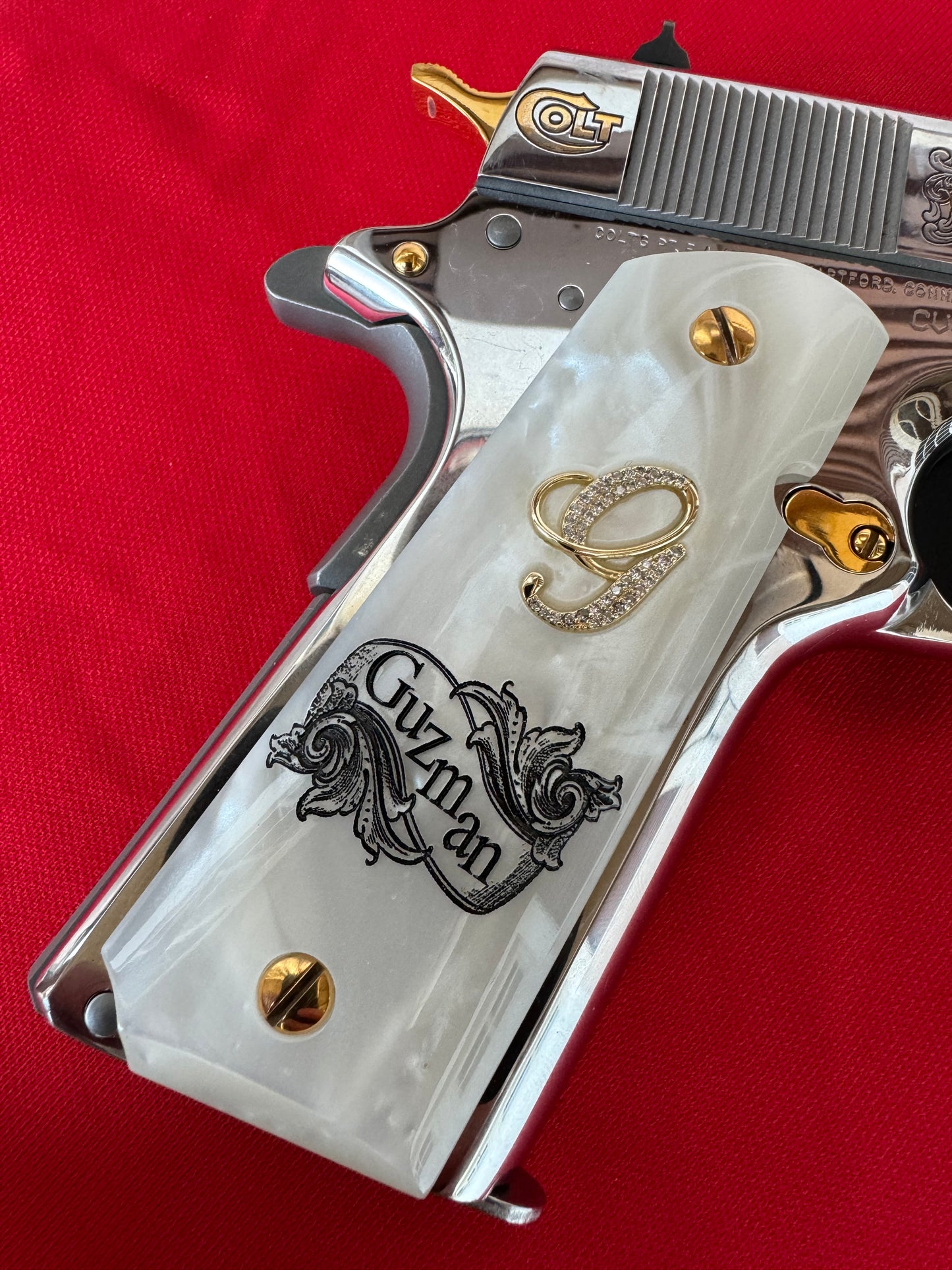 1911 “G” Last Name “Guzman” 24k Gold Plated Inlayed CZ stones Grips  White Pearl Grips