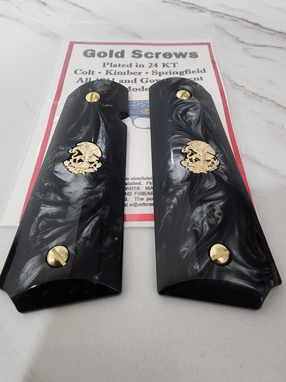 1911 Grips – Black Pearl with 24k Gold Plated Mexican Eagle Emblems (24k Gold Screws)