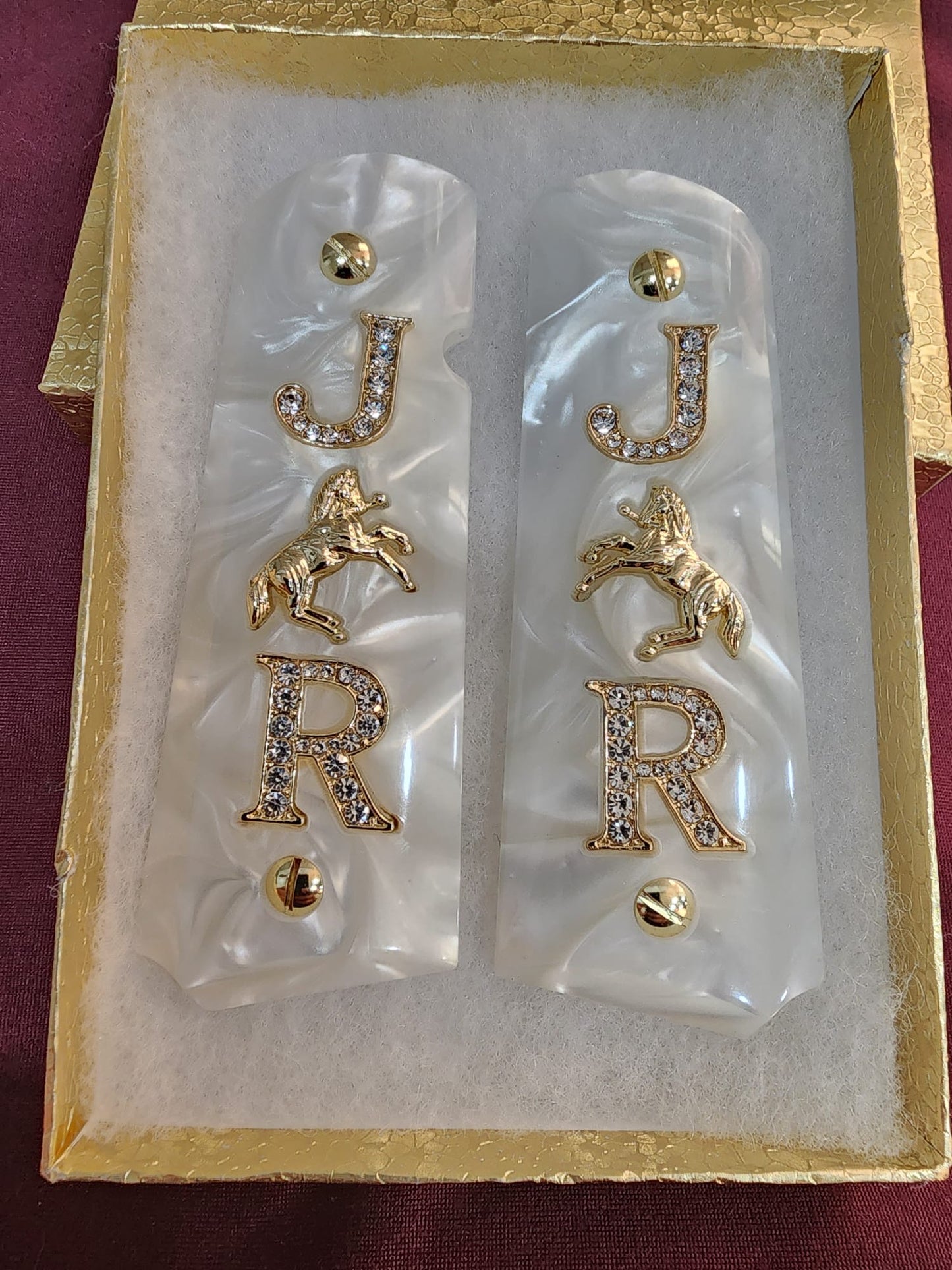 1911 White Pearlite Grips Gold plated “J” Rampant Horse “R” Inlays with 24K Gold Plated Screws