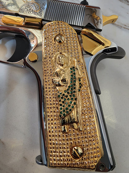 San Judas 1911 Pistol Grips –  Green CZ Stone Inlay – Full-Size 1911