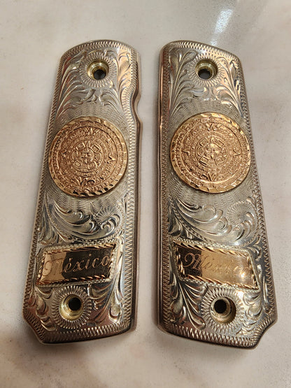 9.25 10kt gold inlay Silver Mexican Vintage Engraved Pistol Grips COLT 38 super/45
