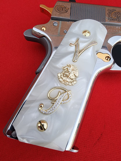 1911 White Pearl Grips Gold plated “V” Aguila “P” Inlays with Aguila Emblem & 24K Gold Plated Screws