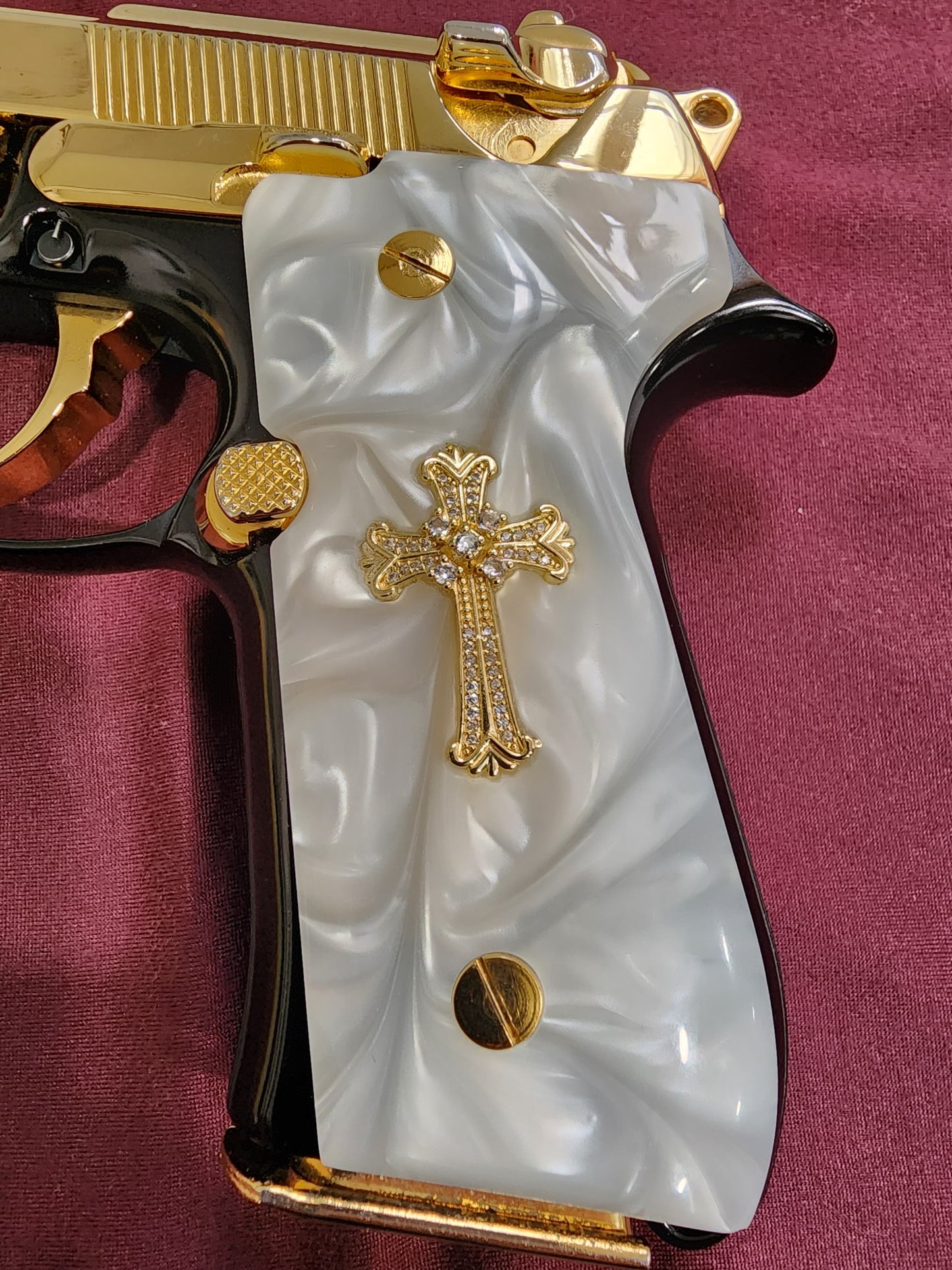 Beretta engraved Cross 24k Gold Plated Inlayed CZ stones Grips  White Pearl Grips 92 Fs 96 Fs M9