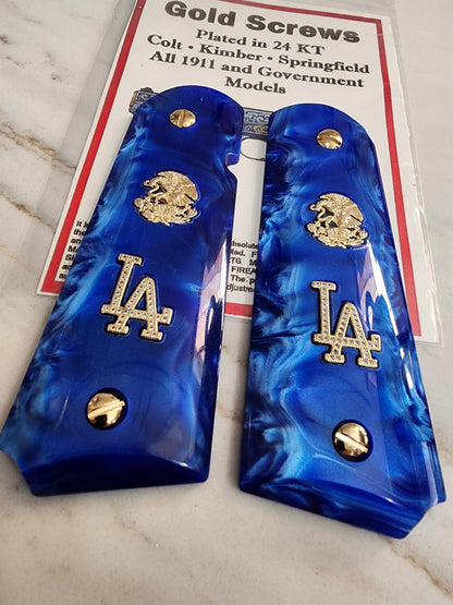 1911 Grips Royal Swirl Blue Pearl with LA Emblem & Mexican Eagle (24k Gold Screws)