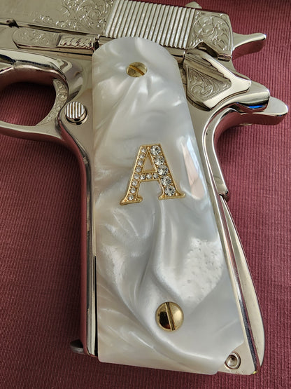 1911 White Pearlite Grips – 24k Gold plated “A” Emblem – Inlay