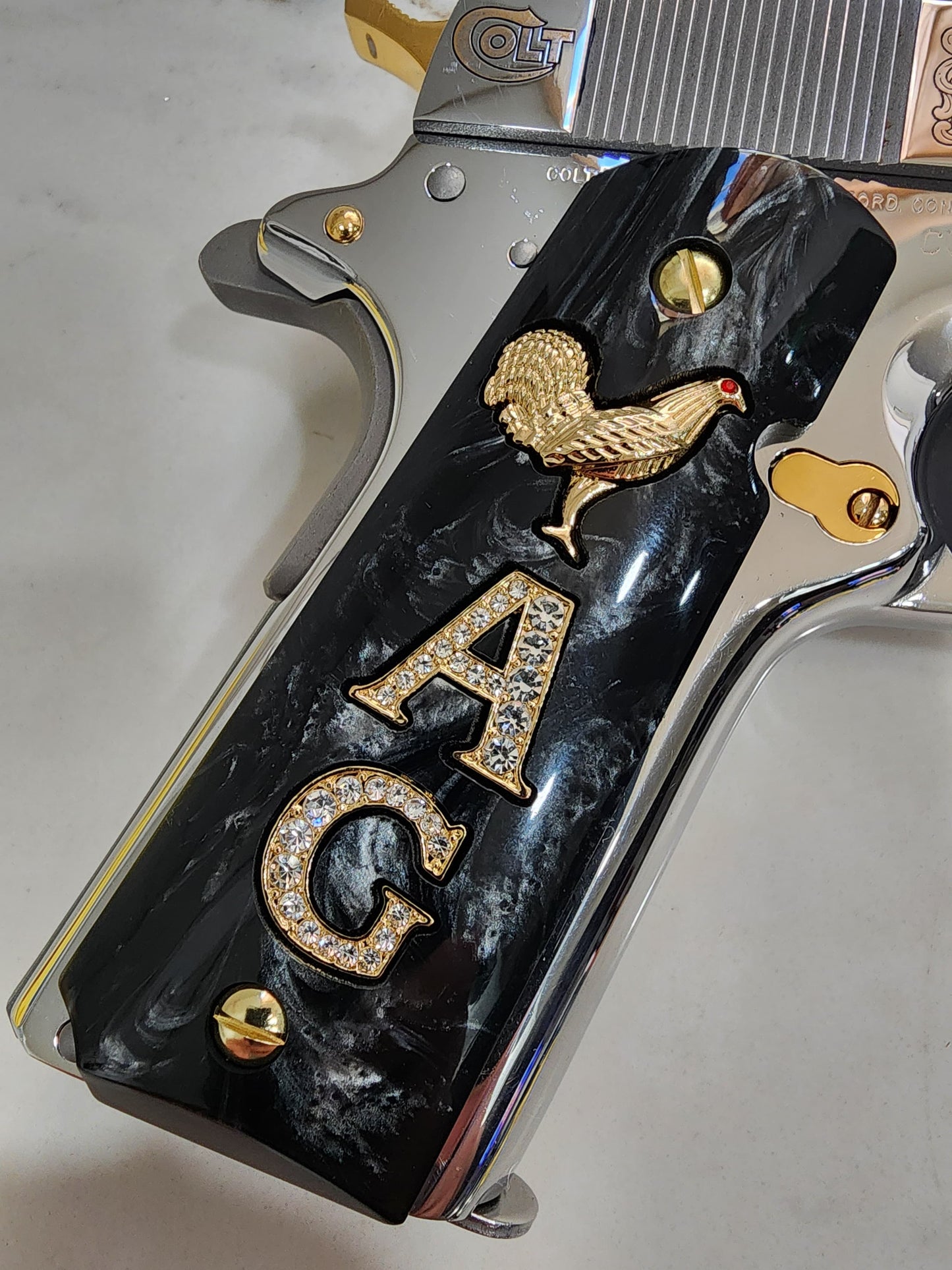 1911 "Rooster" “A” “G” 24k Gold Plated Inlayed CZ stones Grips  Black Pearl