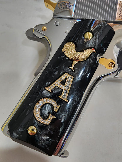1911 "Rooster" “A” “G” 24k Gold Plated Inlayed CZ stones Grips  Black Pearl