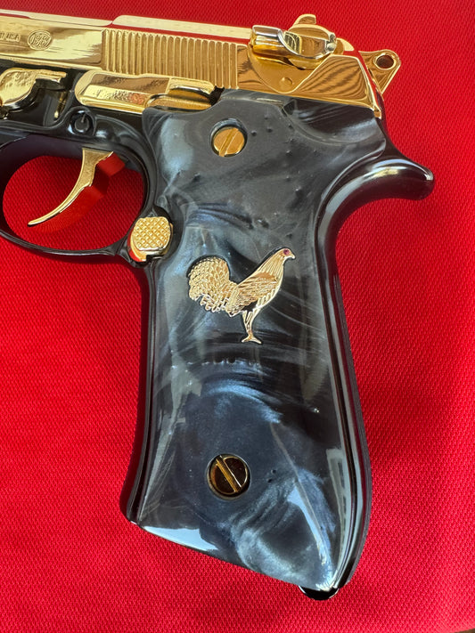 Beretta Black Custom engraved Rooster/Gallo 24k gold plated 92Fs 96Fs M9