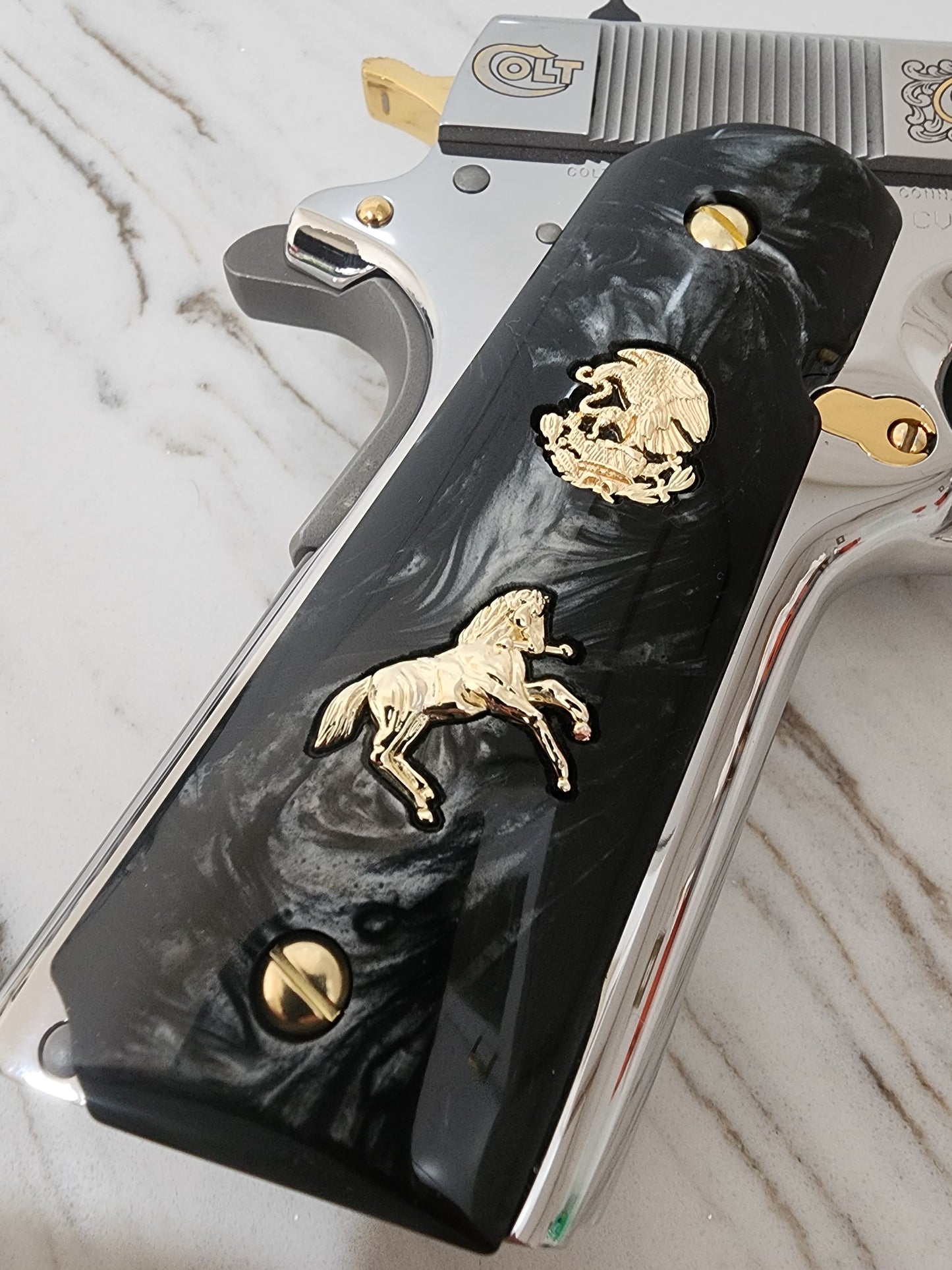 1911 Black Pearl "Aguila" “Horse” 24k Gold Plated Grips  Pearl Grips