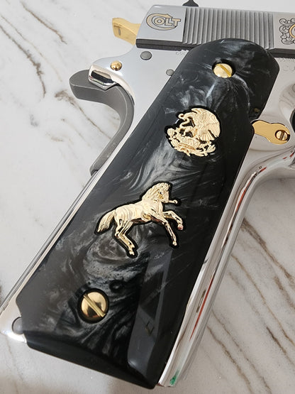 1911 Black Pearl "Aguila" “Horse” 24k Gold Plated Grips  Pearl Grips